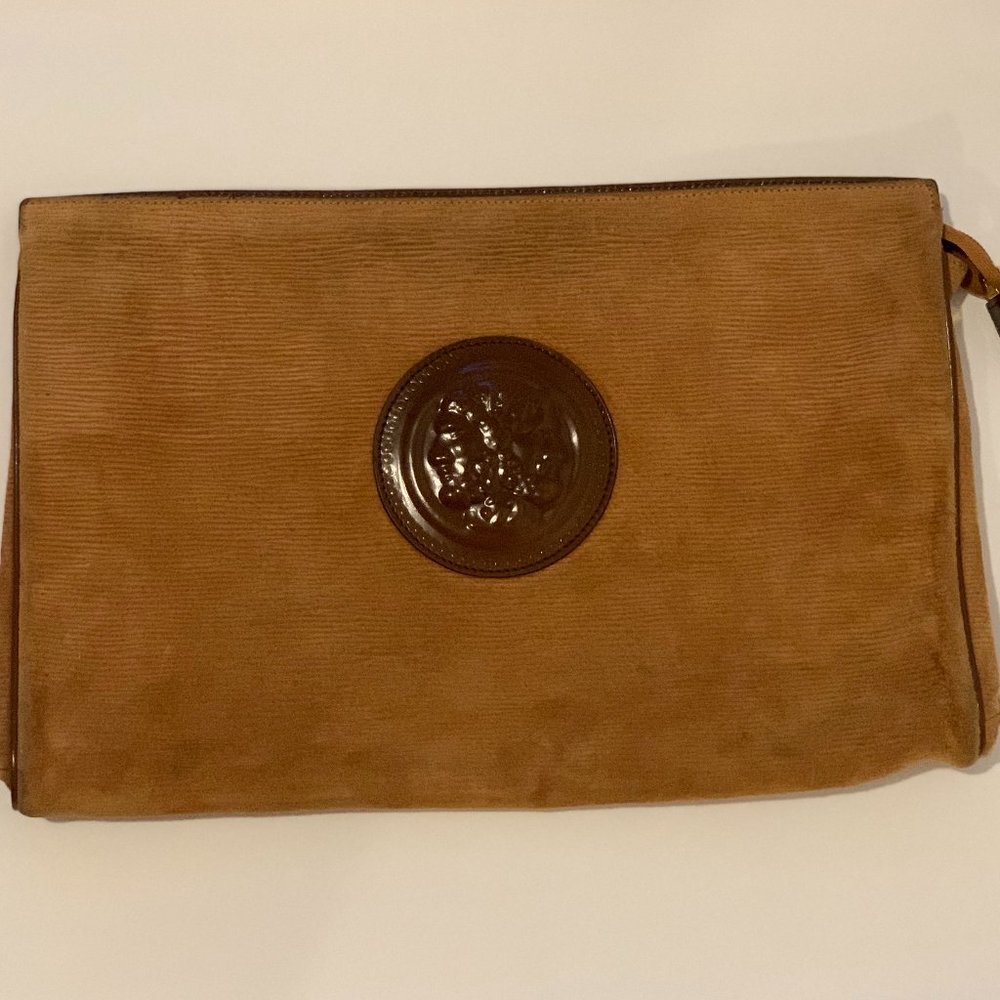 Vintage FENDI clutch handbag in ribbed tan suede and Janus medallion design.